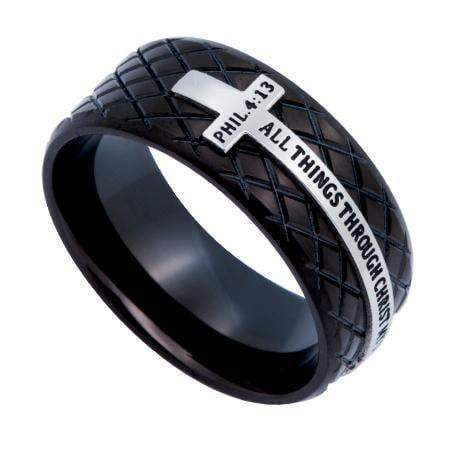All Things Through Christ Black Diamond Cross Ring