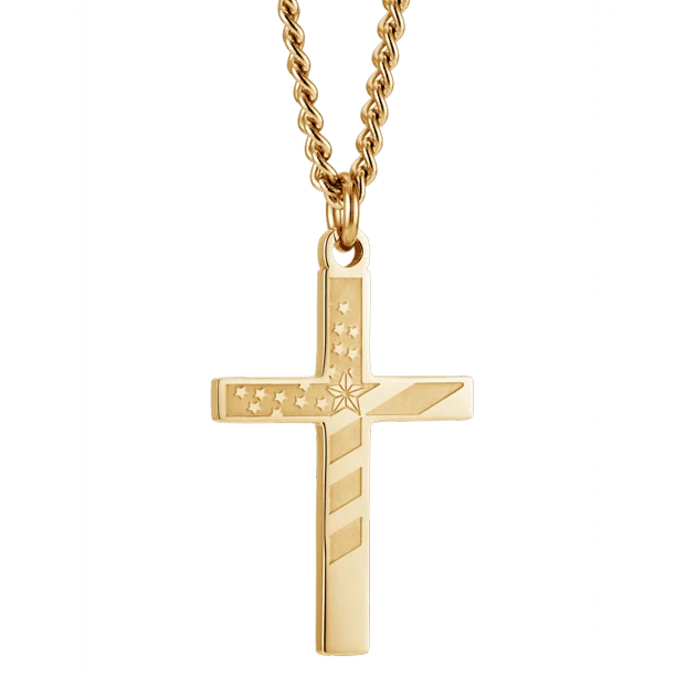Men's Yellow Gold Plated Flag Cross Necklace - Proverbs 30:5