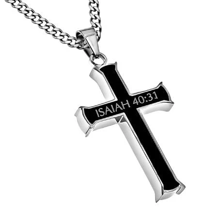 Men's Stainless Steel Black Cross Necklace - Strength Isaiah 40:31 - Image 2