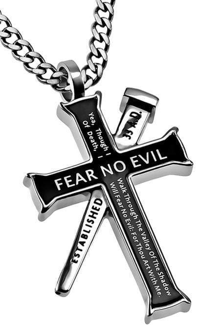 Men's Black Established Cross Necklace Fear No Evil - Psalm 23