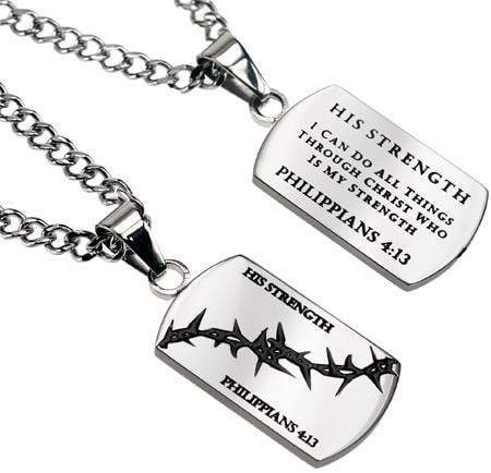 Men's Crown Of Thorns Dog Tag Necklace His Strength - Phil. 4:13