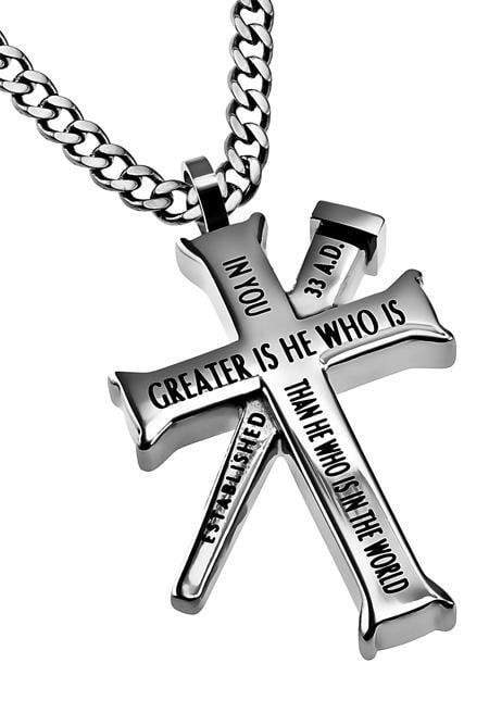 Men's Greater Is He Cross Necklace With Nail - 1 John 4:4