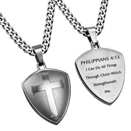 Men's Silver R2 Shield Cross Necklace Christ My Strength Philippians 4:13