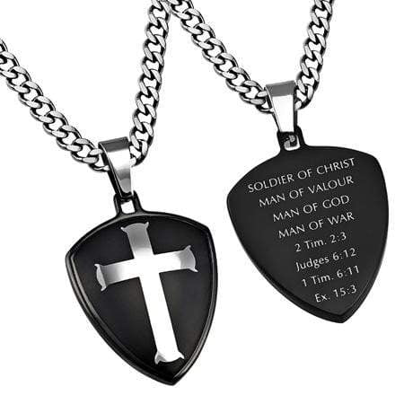 Men's Stainless Steel Black Shield Cross Necklace Soldier Of Christ