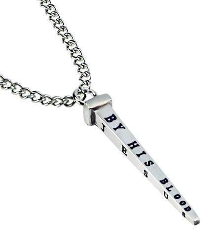 Men's Stainless Steel By His Blood Nail Necklace - Romans 5:9 - Image 2