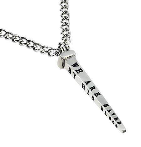 Men's Stainless Steel By His Blood Nail Necklace - Romans 5:9 - Image 3