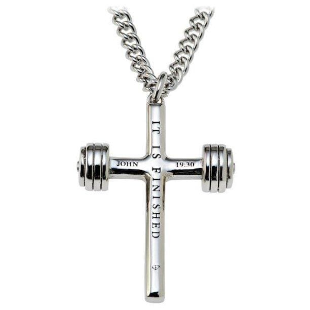 Men's Stainless Steel Dumbbell Cross Necklace - John 19:30 - Image 2