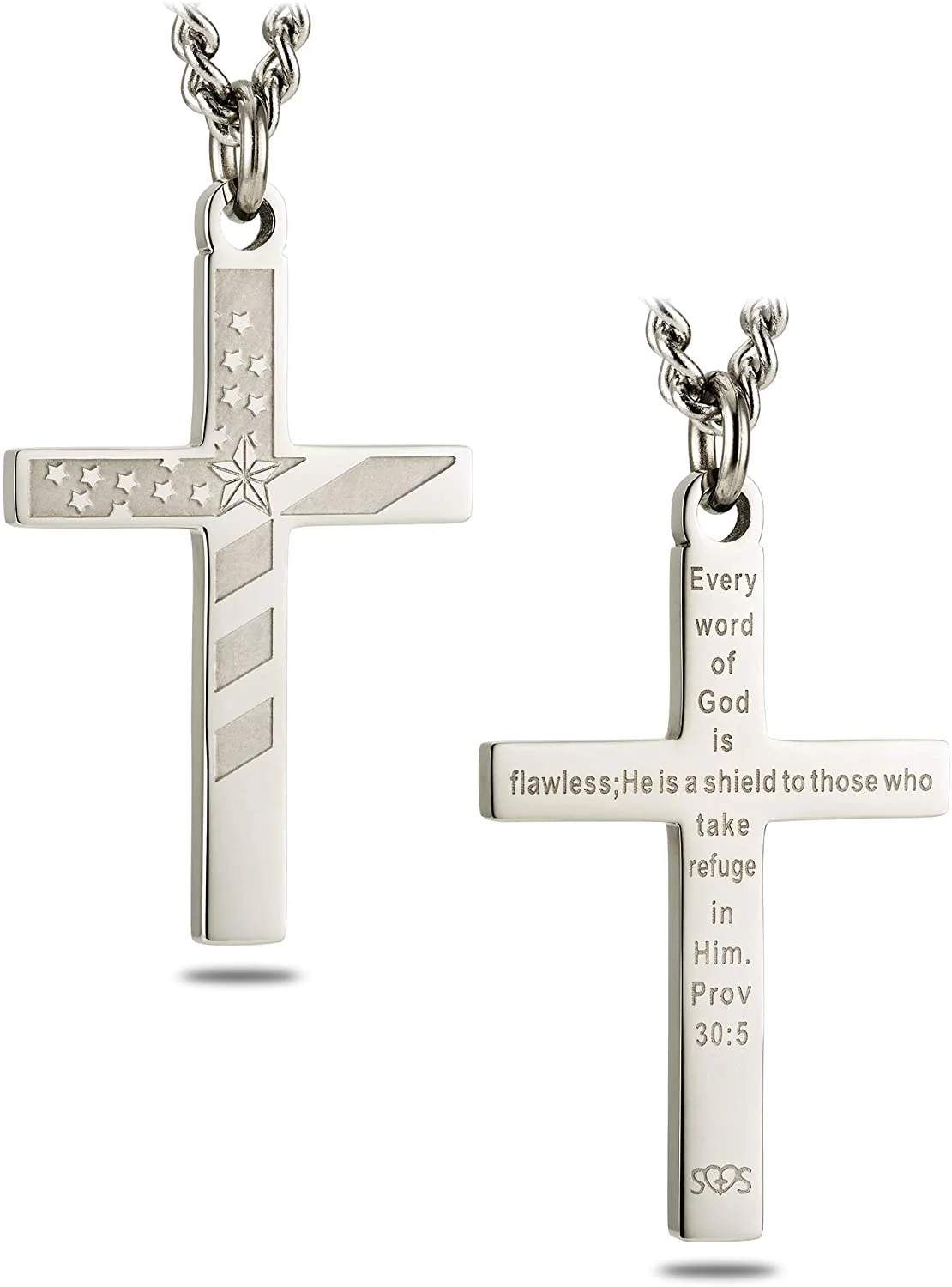 Men's Stainless Steel Flag Cross Necklace- Proverbs 30:5