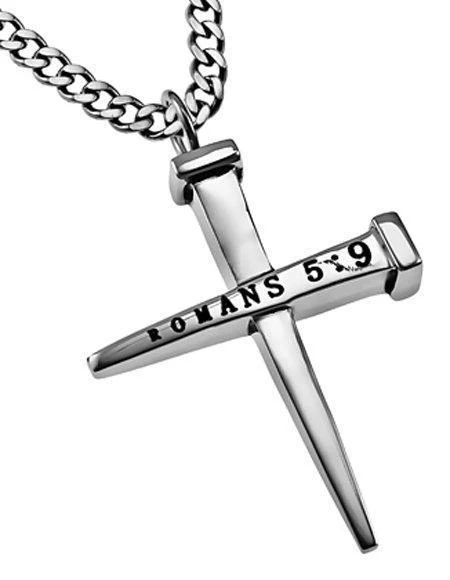 Men's Stainless Steel Forgiven 2 Nail Cross Necklace - Romans 5:9 - Image 2