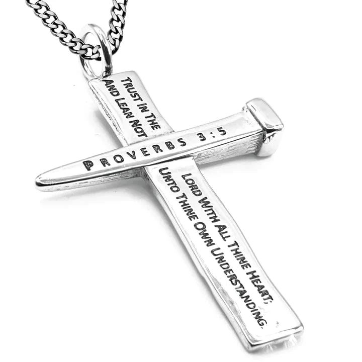 Men's Stainless Steel Woodgrain Cross Necklace - Proverbs 3:5 - Image 2