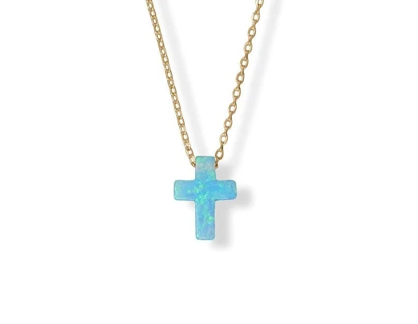 Women's Blue Synthetic Opal Cross Necklace