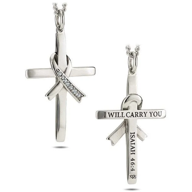 Women's Crystal Ribbon Cross Necklace - Isaiah 46:4 - Image 3