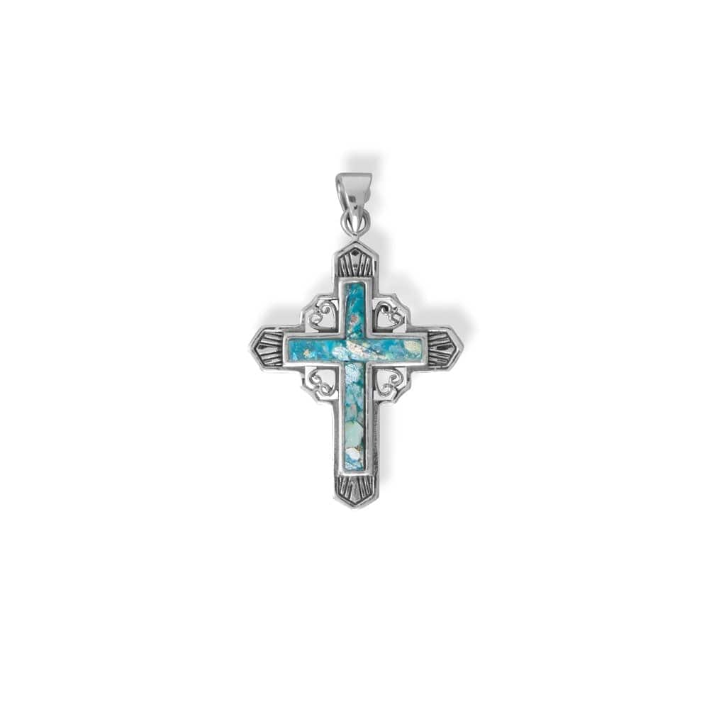 Women's Deco Roman Sterling Silver Glass Cross Pendant