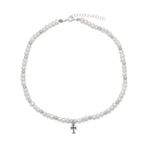 Women's Freshwater Pearl and Silver Bead Cross Necklace