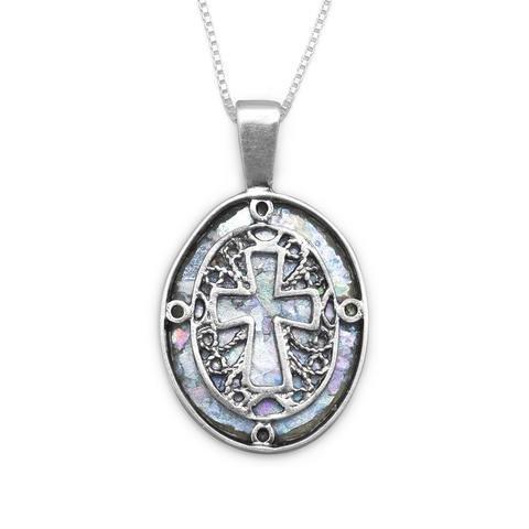 Women's Oval Roman Glass Cut-Out Cross Necklace